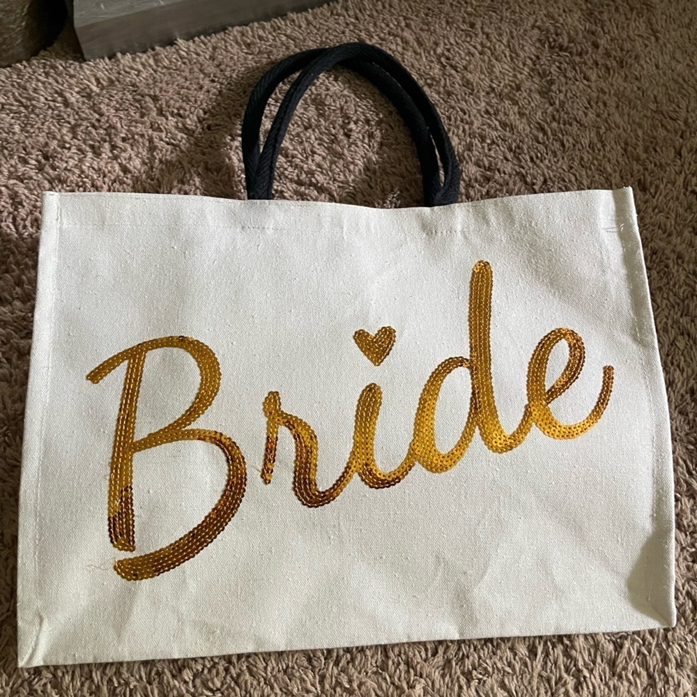 White Bride Tote Bag with Gold Lettering - Picture 2 of 7